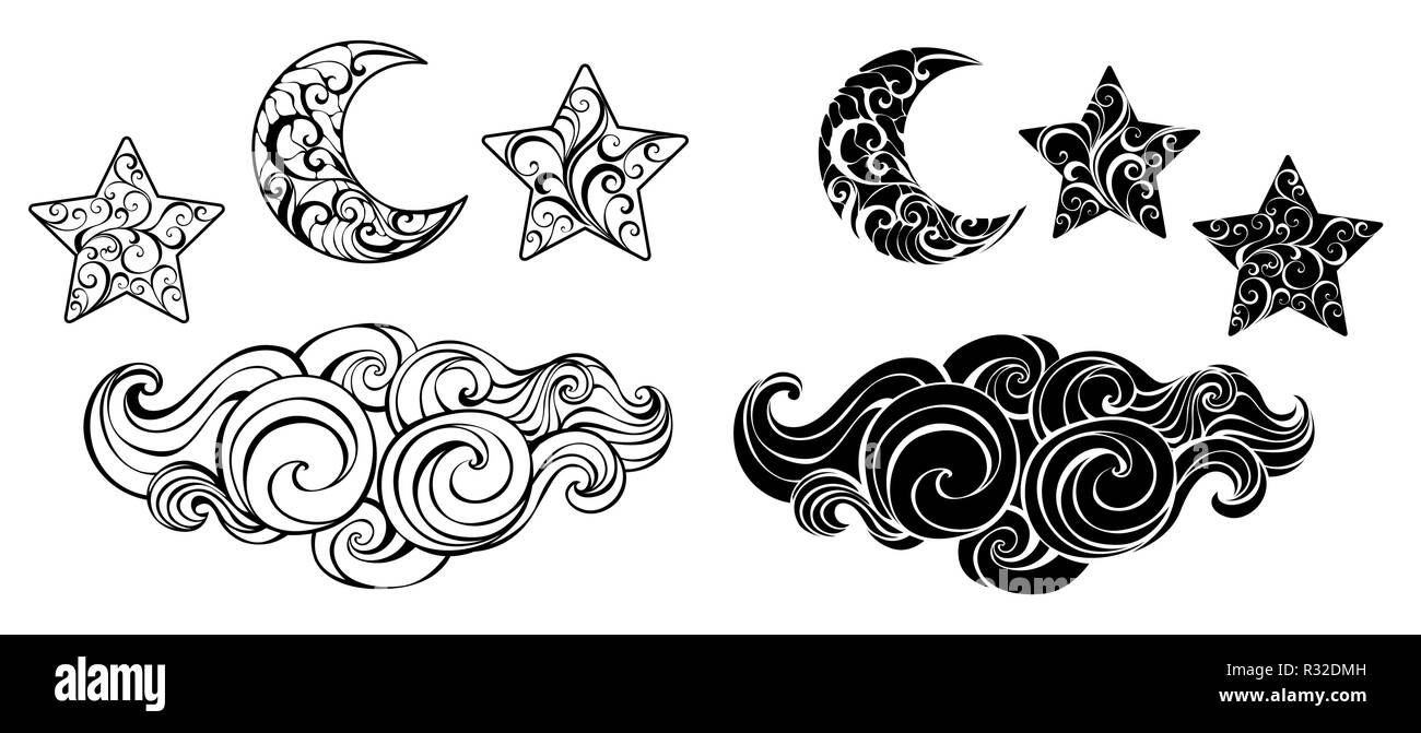 Set of contour and silhouette, artistically drawn black crescent, stars and clouds on white background. Stock Vector