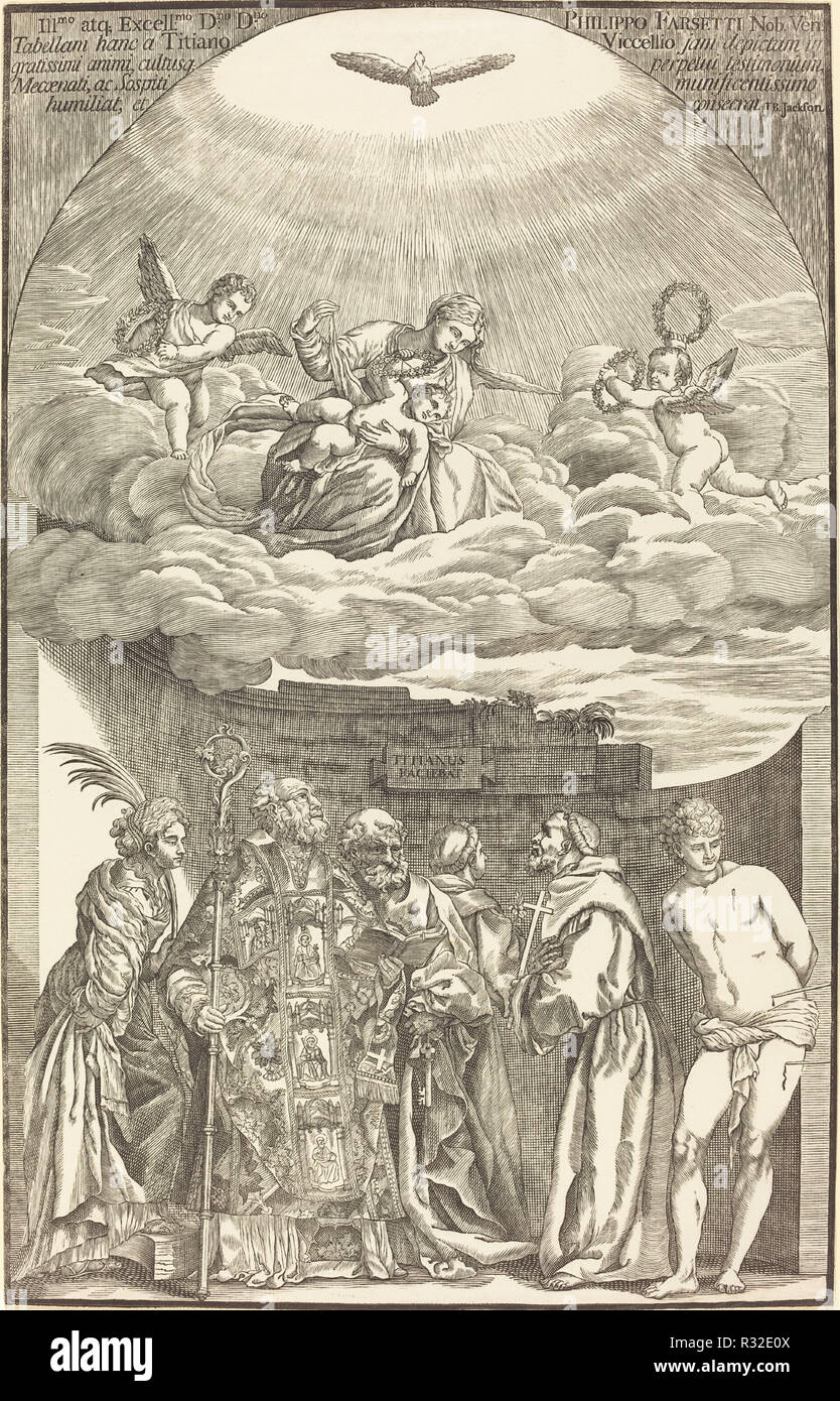 The Virgin in Clouds and Six Saints. Dated: 1742. Medium: chiaroscuro woodcut in black [trial proof of line block]. Museum: National Gallery of Art, Washington DC. Author: John Baptist Jackson after Titian. Stock Photo