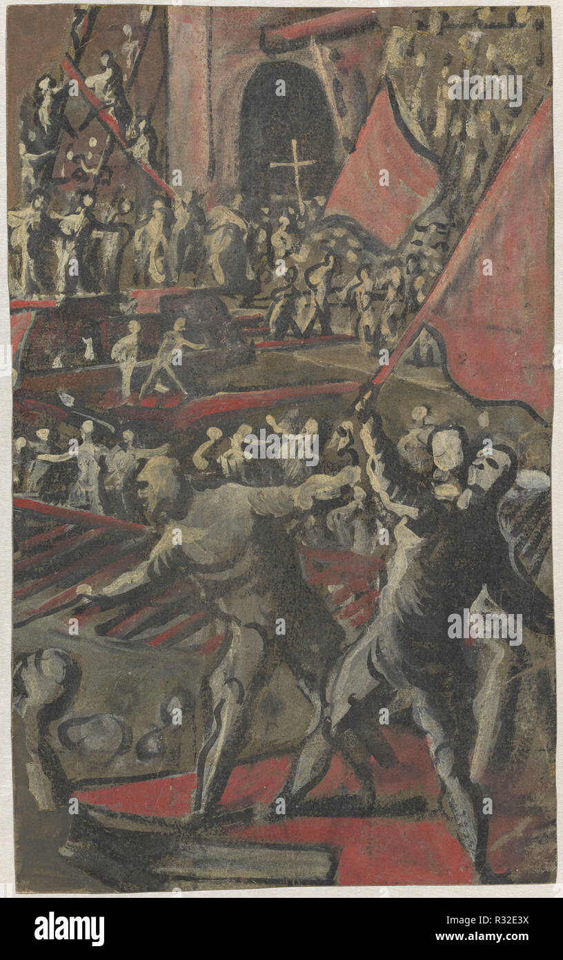 Venetian Soldiers Attacking Constantinople (recto). Dated: 1598/1605. Dimensions: overall: 31.5 × 19.4 cm (12 3/8 × 7 5/8 in.). Medium: brush and tempers on dark brown paper (top and bottom left corners made up). Museum: National Gallery of Art, Washington DC. Author: DOMENICO TINTORETTO. Stock Photo