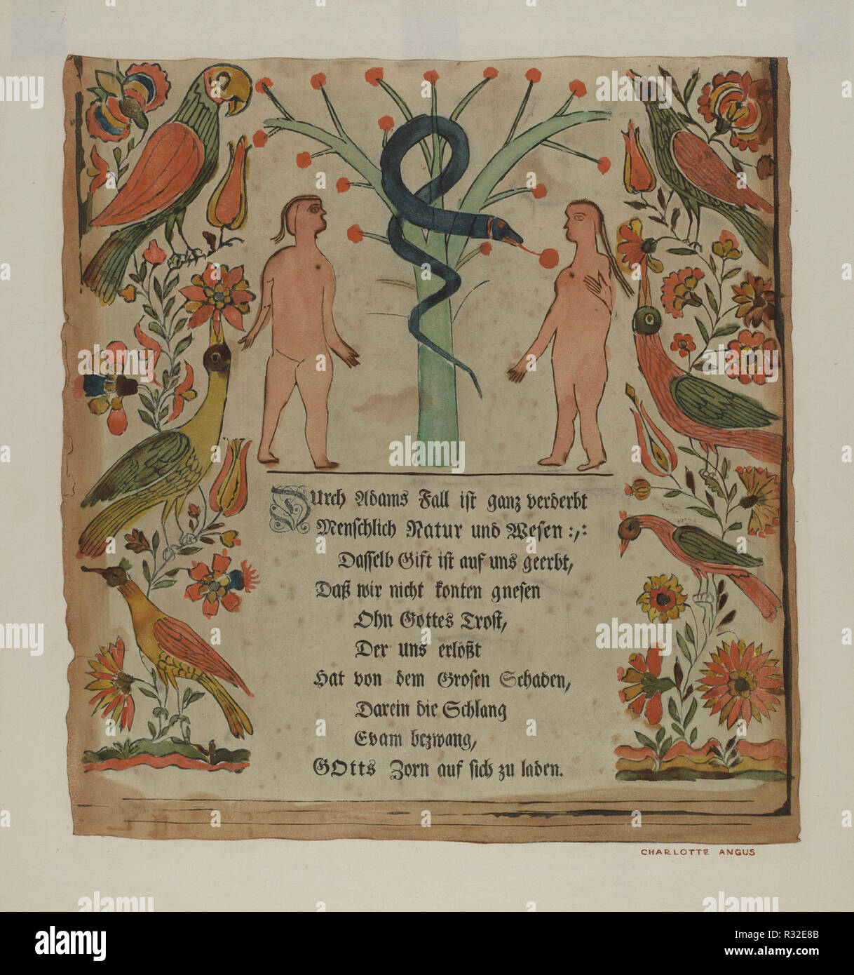 Woodcut Vorschrift. Dated: 1935/1942. Dimensions: overall: 45.2 x 40.7 cm (17 13/16 x 16 in.). Medium: watercolor and graphite on paper. Museum: National Gallery of Art, Washington DC. Author: Charlotte Angus. Stock Photo