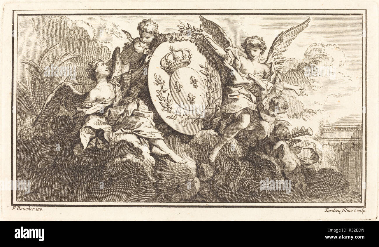Royal Coat of Arms of Louis XV. Dated: c. 1745. Dimensions: plate: 11.1 x 19.3 cm (4 3/8 x 7 5/8 in.)  sheet: 15 x 22.5 cm (5 7/8 x 8 7/8 in.). Medium: engraving on laid paper. Museum: National Gallery of Art, Washington DC. Author: Pierre François Tardieu or Jacques Nicolas Tardieu after François Boucher. Stock Photo