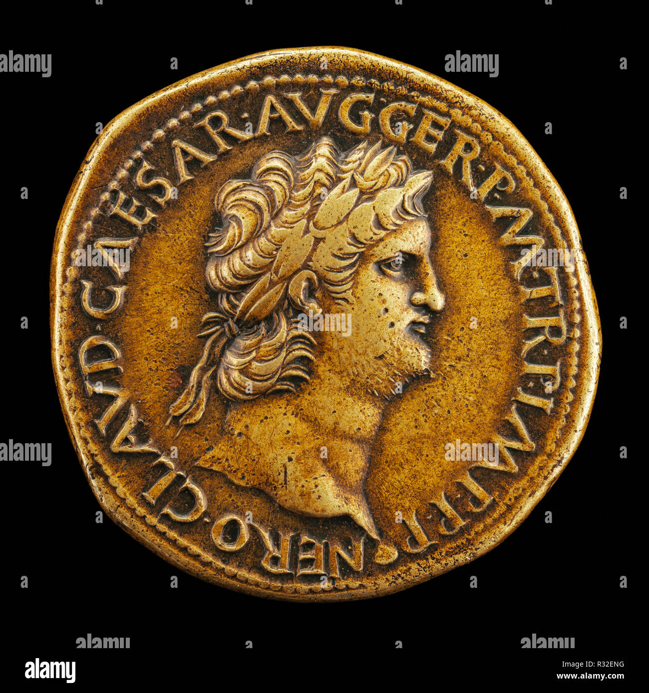 Nero, A.D. 37-68, Roman Emperor A.D. 54 [obverse]. Dimensions: overall (diameter): 3.55 cm (1 3/8 in.)  gross weight: 24.07 gr (0.053 lb.)  axis: 7:00. Medium: bronze//Struck. Museum: National Gallery of Art, Washington DC. Author: Giovanni da Cavino. Stock Photo