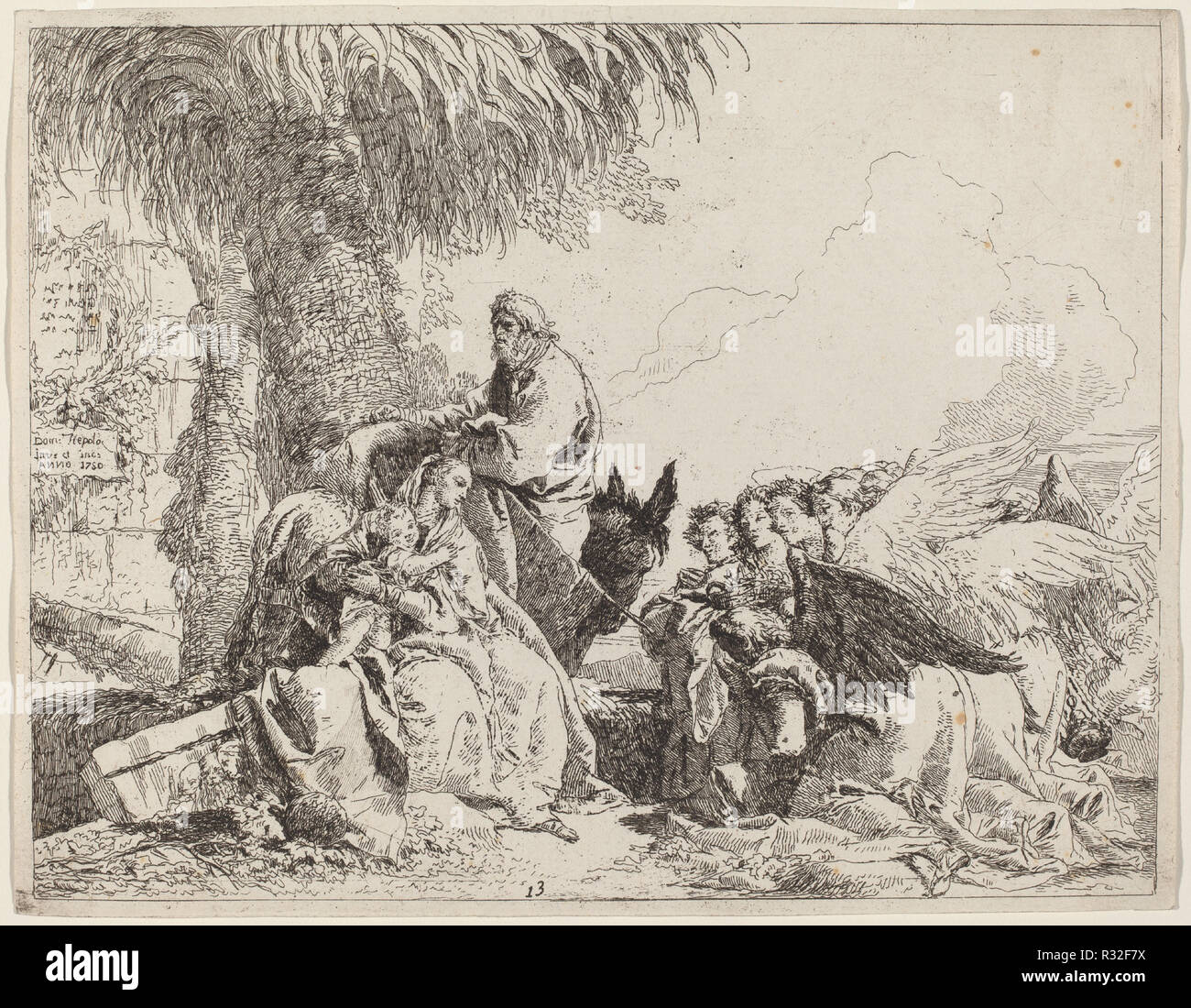 The Rest on the Flight, with Adoring Angels. Dated: 1750. Medium: etching. Museum: National Gallery of Art, Washington DC. Author: Giovanni Domenico Tiepolo. Stock Photo