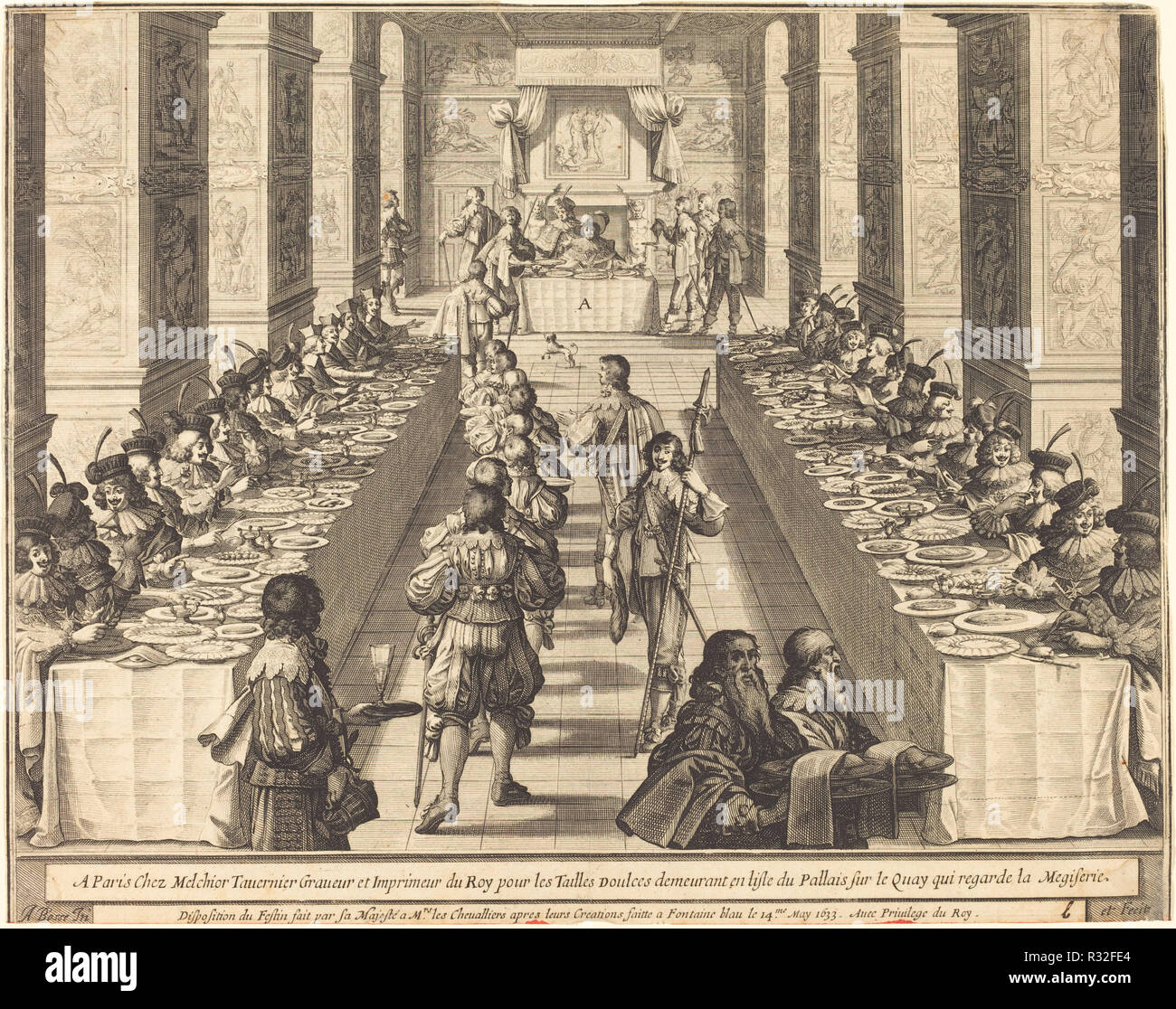 Banquet Given by the King to the New Knights. Dated: 1633. Dimensions: sheet (trimmed to plate mark): 27.2 x 34.5 cm (10 11/16 x 13 9/16 in.). Medium: etching and engraving. Museum: National Gallery of Art, Washington DC. Author: ABRAHAM BOSSE. Stock Photo