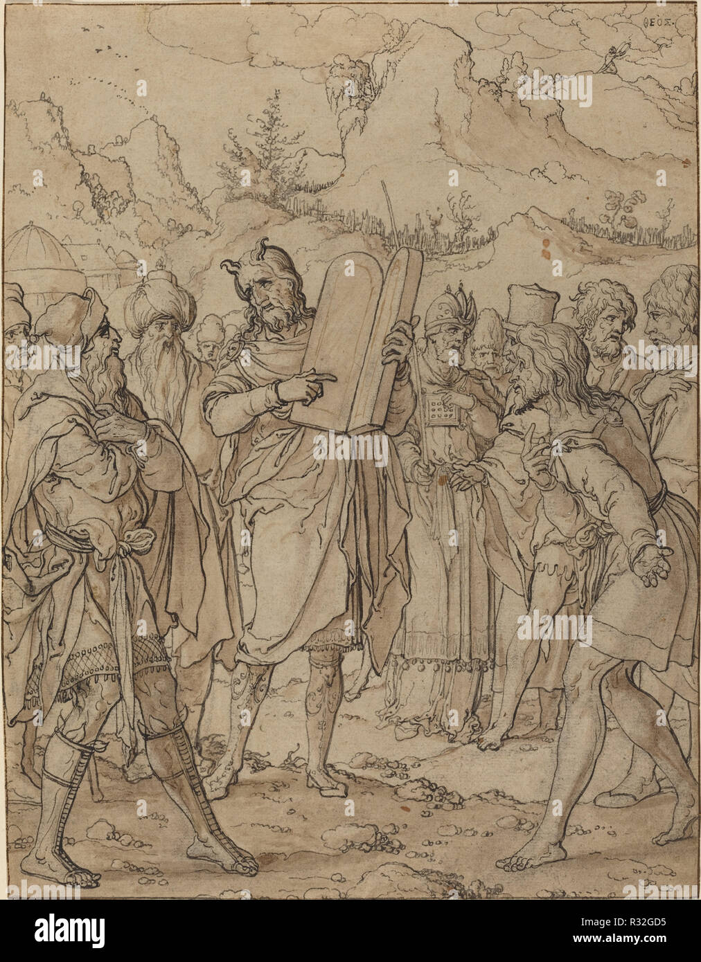 Moses Delivering God's Commandments to the Israelites. Dimensions: overall: 25.9 x 20 cm (10 3/16 x 7 7/8 in.). Medium: pen and black ink and brown wash on laid paper. Museum: National Gallery of Art, Washington DC. Author: JAN SWART VAN GRONINGEN. Stock Photo