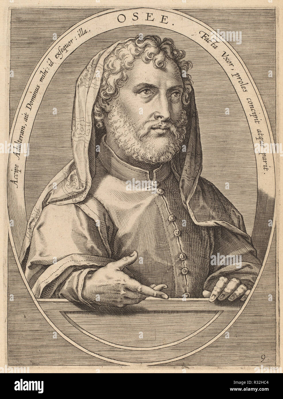 Hosiah. Dated: published 1613. Dimensions: plate: 17.8 x 13.4 cm (7 x 5 1/4 in.)  sheet: 24.3 x 19.1 cm (9 9/16 x 7 1/2 in.). Medium: engraving on laid paper. Museum: National Gallery of Art, Washington DC. Author: Theodor Galle after Jan van der Straet. Stock Photo