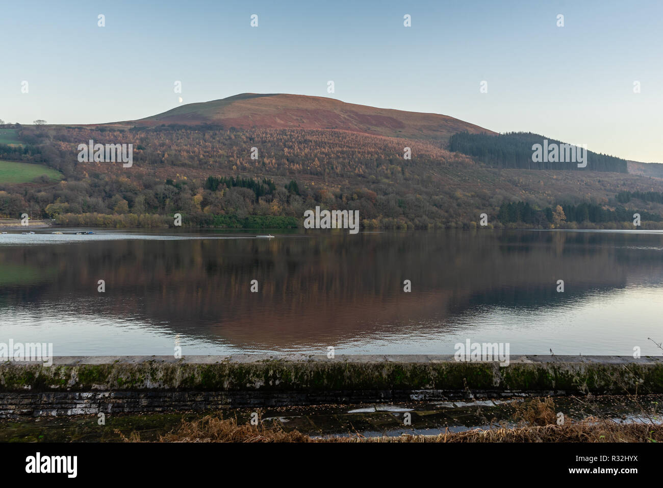 Scenic view across the Talybont Reservoir in the Brecon Beacons during autumn, Powys, Wales, UK Stock Photo