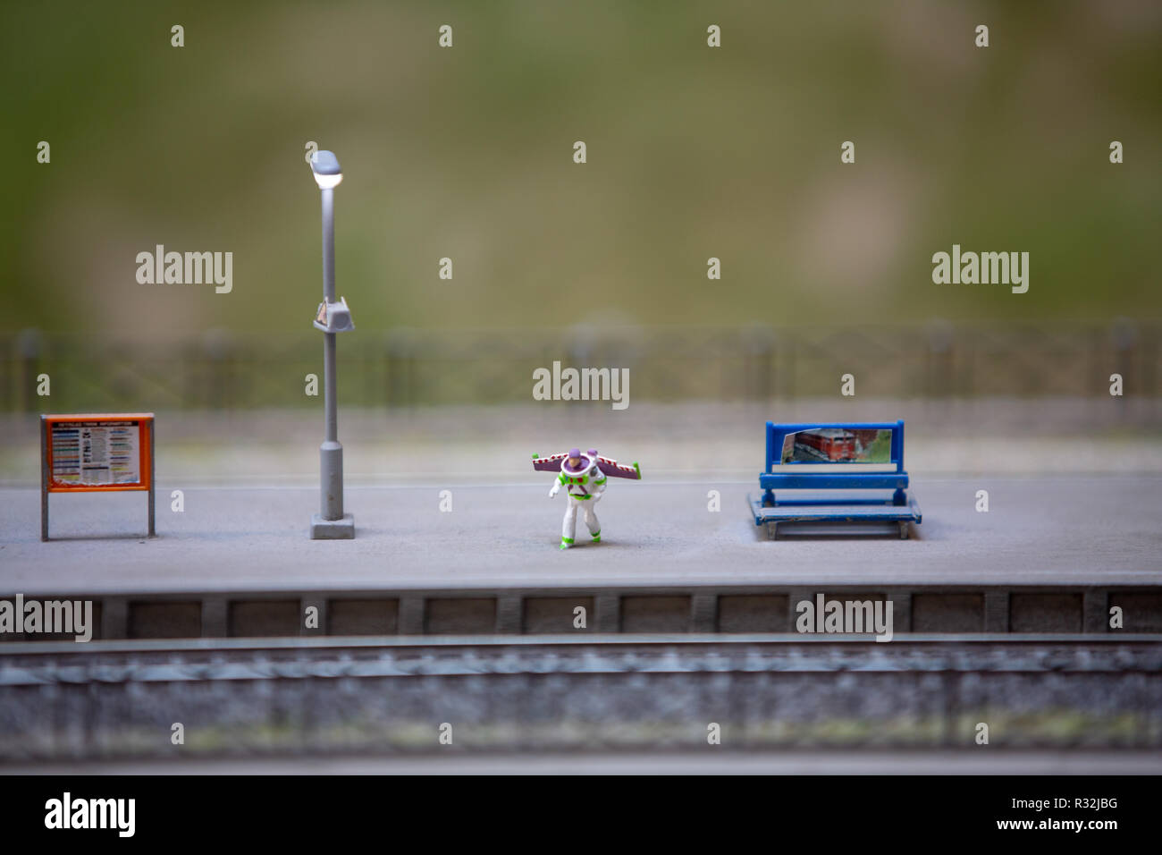 Space character on the train station miniatures Stock Photo