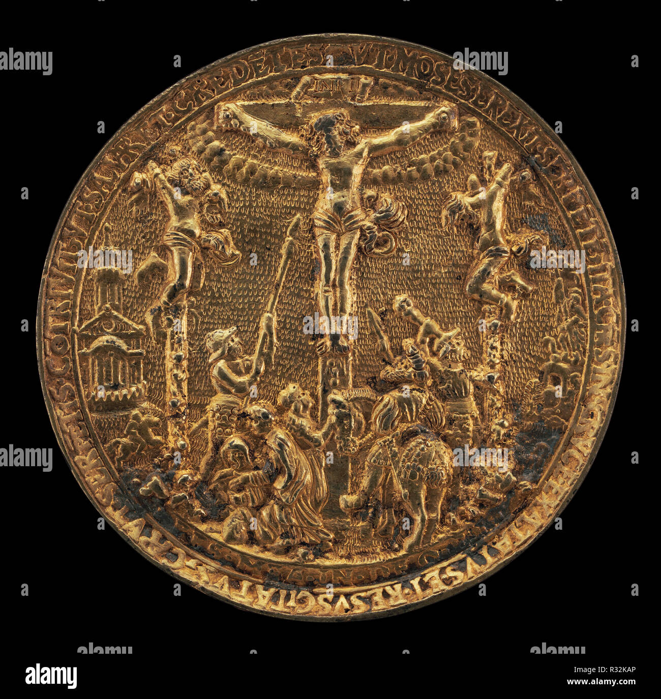 The Crucifixion [reverse]. Dated: 1535/1574. Dimensions: overall (diameter): 6.6 cm (2 5/8 in.). Medium: gilded bronze. Museum: National Gallery of Art, Washington DC. Author: Hans Reinhart the Elder. Stock Photo
