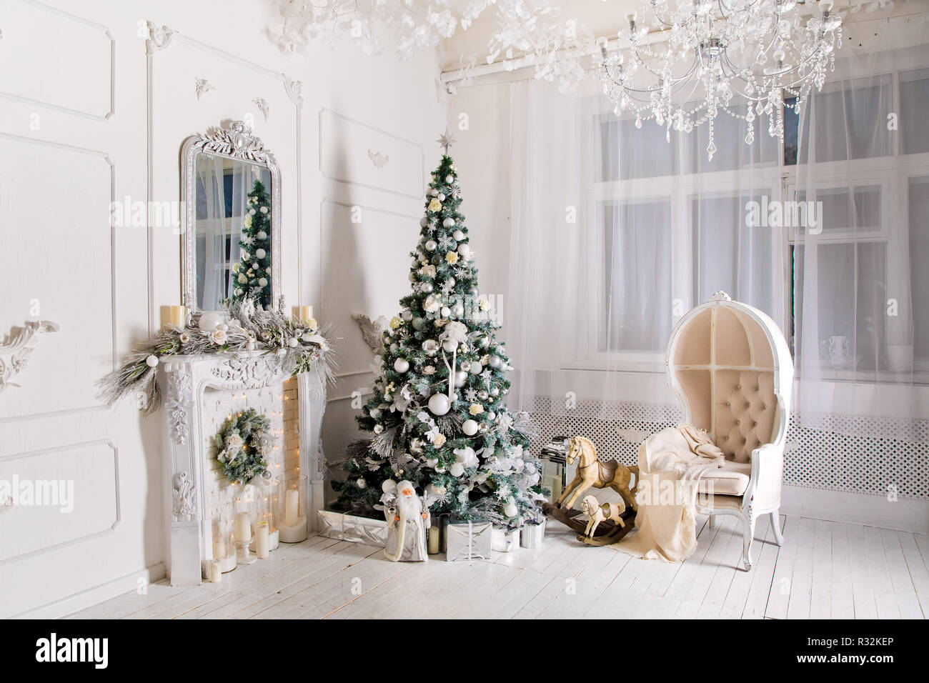 Classic Christmas Interior Background With Artificial Fireplace