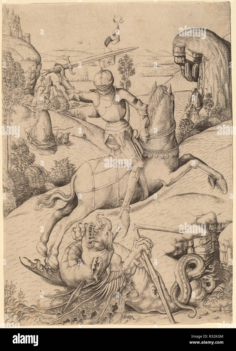 Saint George and the Dragon. Dated: c. 1480/1490. Dimensions: sheet: 18.1 x 12.8 cm (7 1/8 x 5 1/16 in.). Medium: engraving. Museum: National Gallery of Art, Washington DC. Author: Master FVB and Israhel van Meckenem. Stock Photo