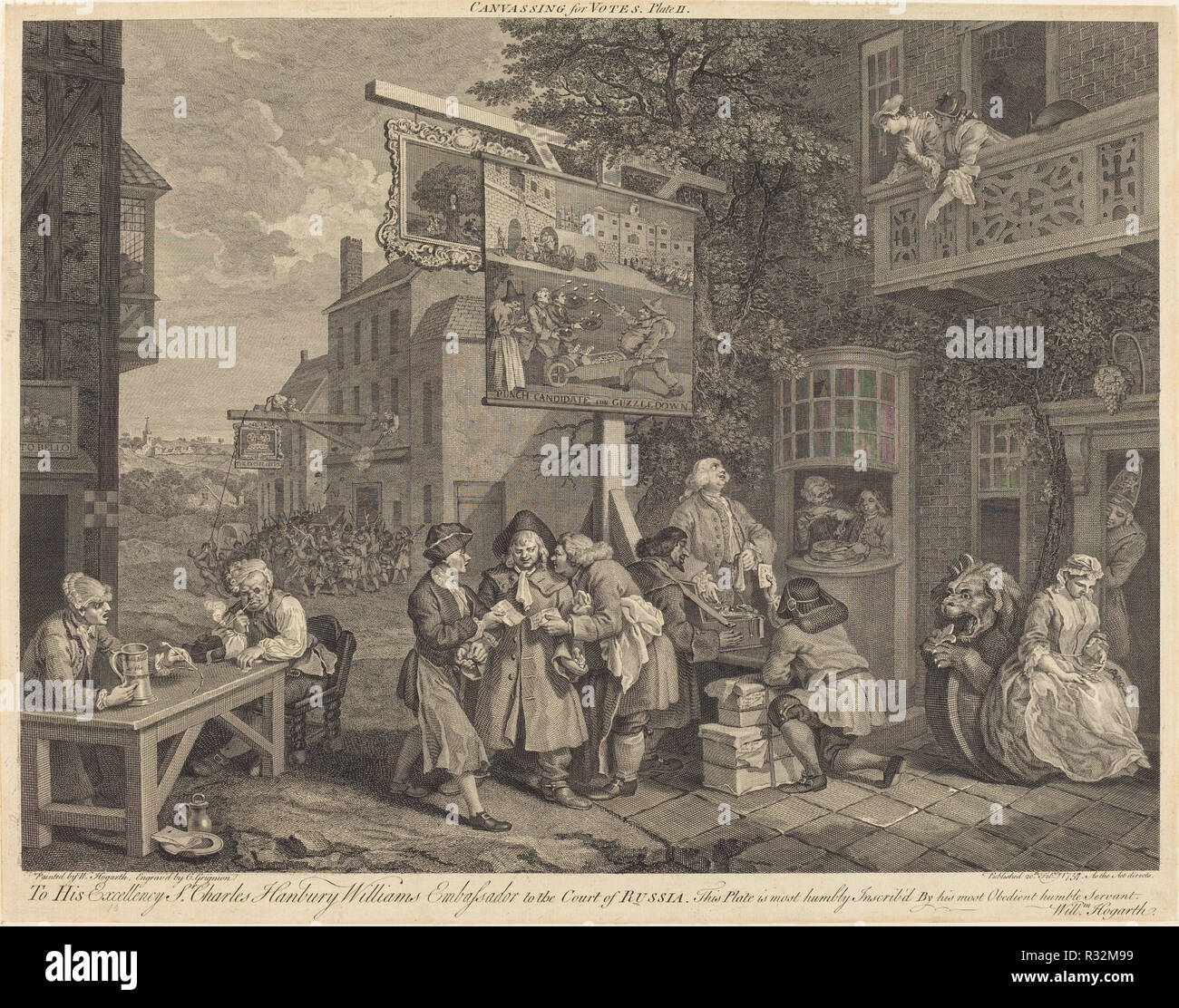 Canvassing for Votes. Dated: 1757. Medium: etching and engraving. Museum: National Gallery of Art, Washington DC. Author: Charles Grignion after William Hogarth. William Hogarth. after William Hogarth. Stock Photo