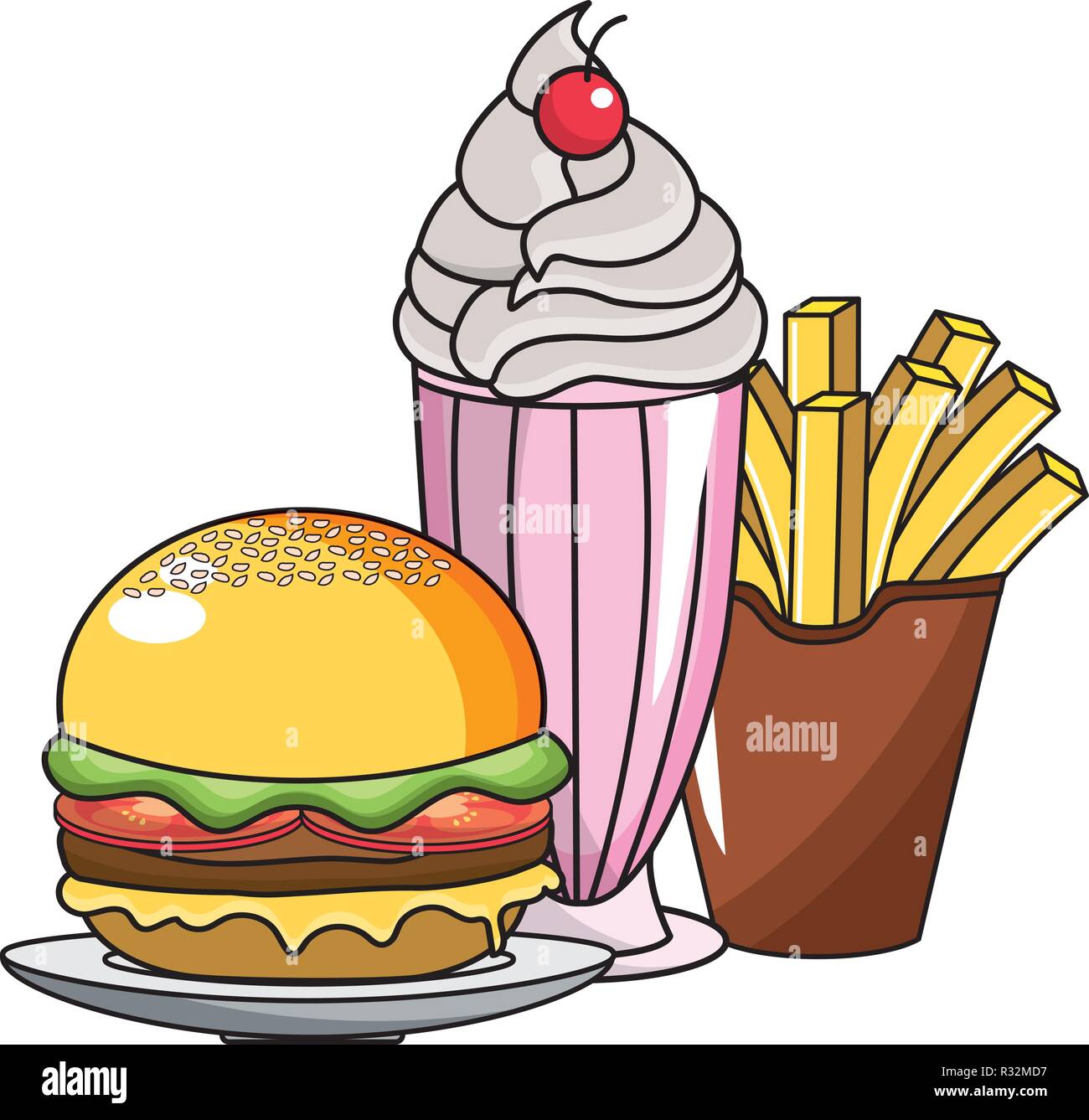 Hamburger milkshake and french fries design, Fast food urban menu