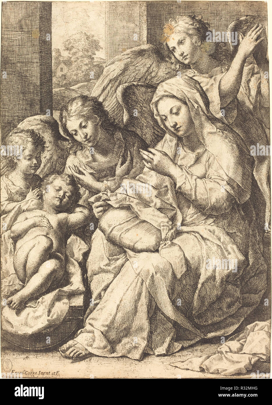 Virgin and Angels Watching Over the Sleeping Infant Jesus. Dimensions: sheet: 30.3 x 21.7 cm (11 15/16 x 8 9/16 in.). Medium: etching in black. Museum: National Gallery of Art, Washington DC. Author: FRANCESCO COZZA. Stock Photo