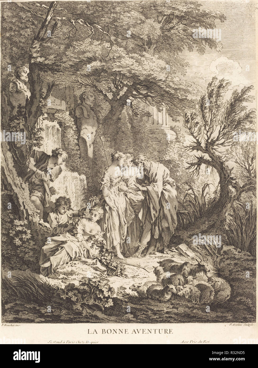La Bonne Aventure. Dated: 1738. Dimensions: plate (cut within platemark at right): 40.3 x 30 cm (15 7/8 x 11 13/16 in.)  sheet: 47.4 x 31.8 cm (18 11/16 x 12 1/2 in.). Medium: engraving with etching on laid paper. Museum: National Gallery of Art, Washington DC. Author: Pierre-Alexandre Aveline after François Boucher. Stock Photo