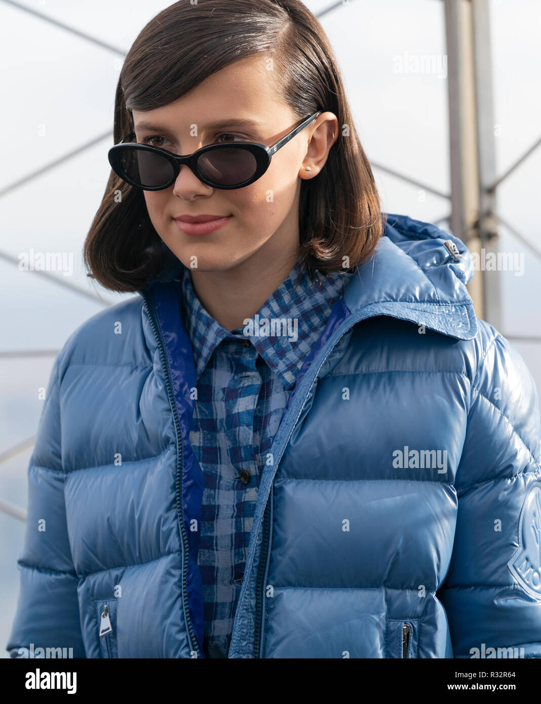 New York, United States. 20th Nov, 2018. Millie Bobby Brown wearing dress  by Altuzarra and jacket by Moncler new UNICEF Goodwill Ambassador lights  Empire State Building in blue to honor World Children's