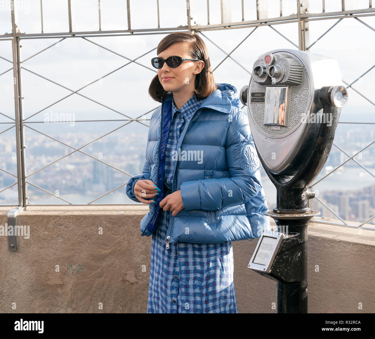 New York, United States. 20th Nov, 2018. Millie Bobby Brown wearing dress  by Altuzarra and jacket by Moncler new UNICEF Goodwill Ambassador lights  Empire State Building in blue to honor World Children's