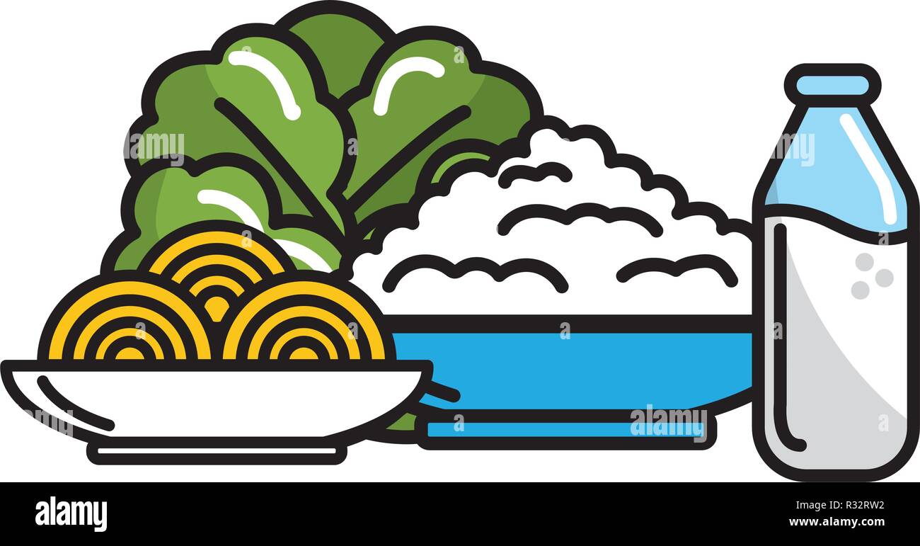delicious food rice with lettuce and milk with pasta cartoon vector ...