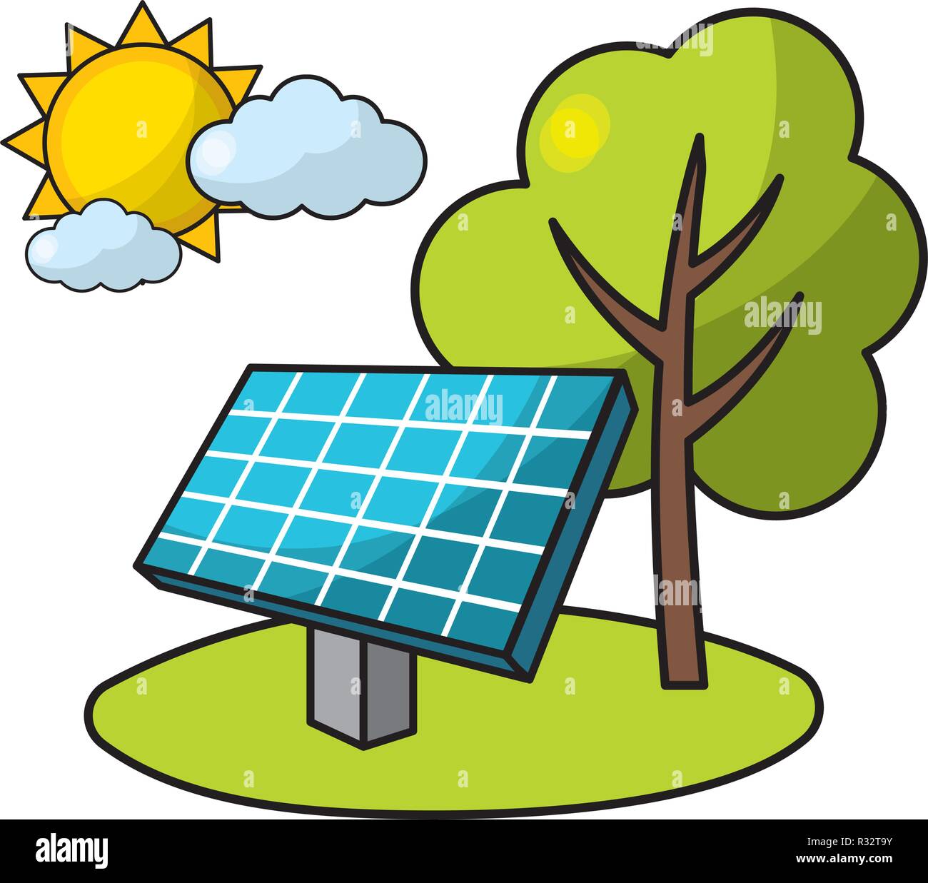 ecological green solar panel with tree and sun cartoon vector illustration  graphic design Stock Vector Image & Art - Alamy
