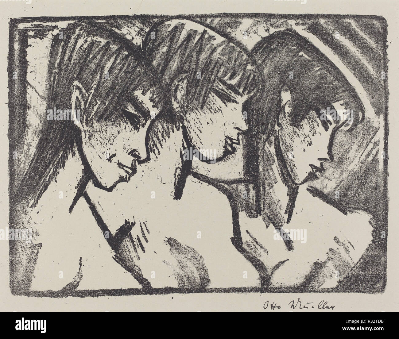 Three Girls in Profile (Drei Madchen im Profile). Dated: 1921. Medium: lithograph. Museum: National Gallery of Art, Washington DC. Author: Otto Müller. Stock Photo