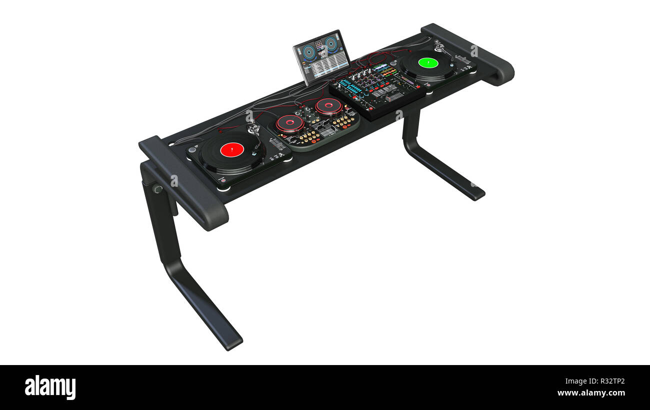 DJ turntables stand with sound mixers and recording audio equipment