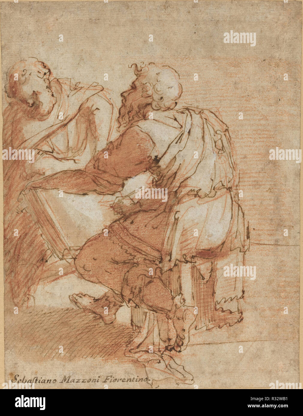 Study for 'The Four Doctors of the Church'. Dimensions: overall: 16.5 x 12.8 cm (6 1/2 x 5 1/16 in.). Medium: pen and brown ink with brown wash and red chalk heightened with white on laid paper. Museum: National Gallery of Art, Washington DC. Author: DOMENICO BECCAFUMI. Stock Photo