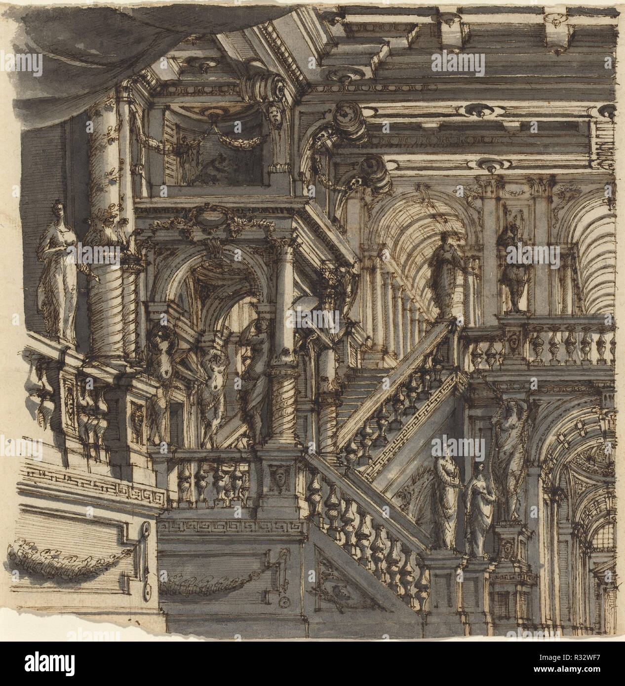 An Elaborate Staircase in a Palace. Dimensions: overall (approximate): 20.8 x 29.3 cm (8 3/16 x 11 9/16 in.). Medium: pen and brown ink with gray wash. Museum: National Gallery of Art, Washington DC. Author: Bibiena (family member). Stock Photo