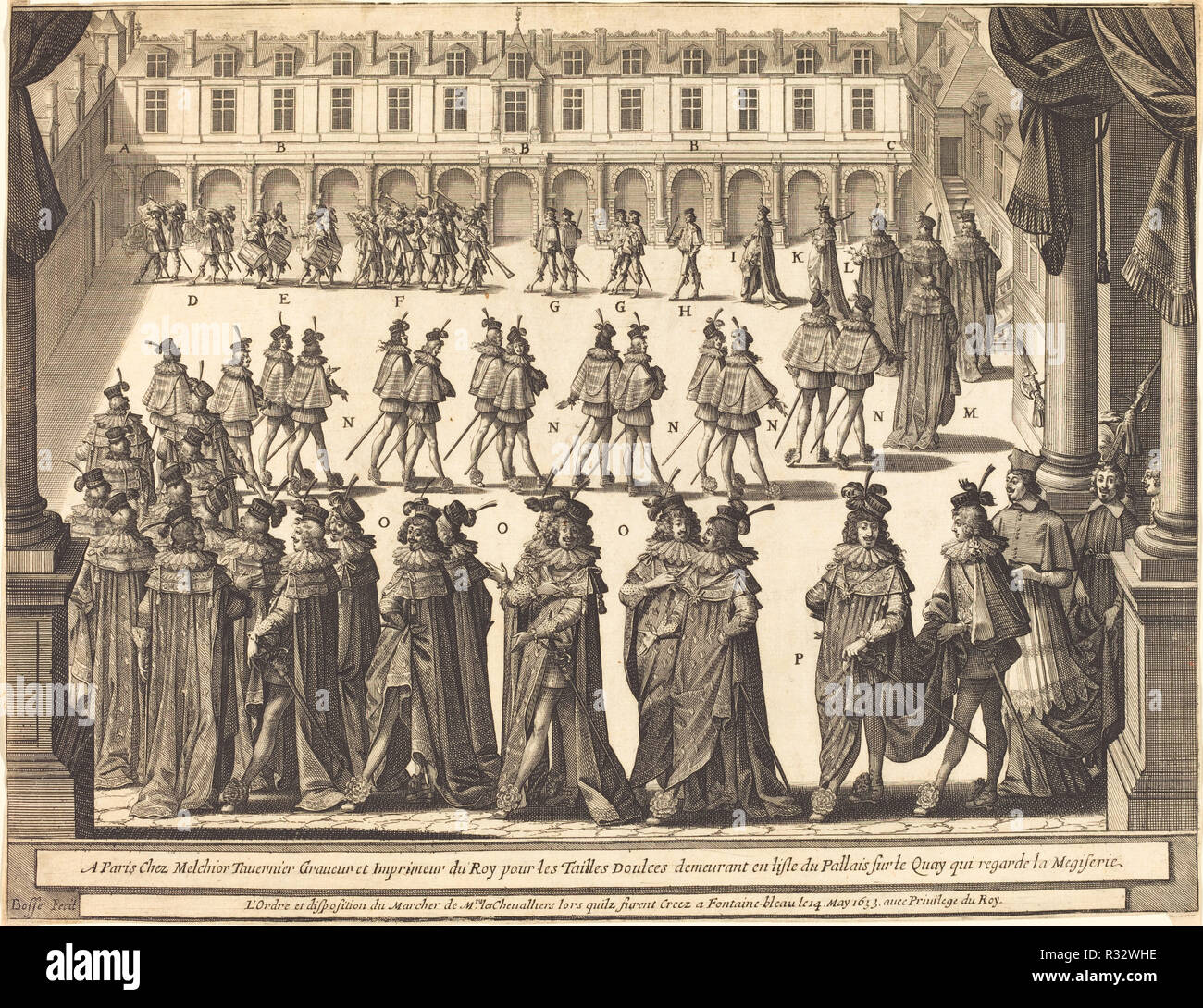 March of the King and Knights of the Holy Spirit in the Courtyard at Fontainebleau. Dated: 1633. Dimensions: sheet (trimmed to plate mark): 27.2 x 35.5 cm (10 11/16 x 14 in.). Medium: etching and engraving. Museum: National Gallery of Art, Washington DC. Author: ABRAHAM BOSSE. Stock Photo