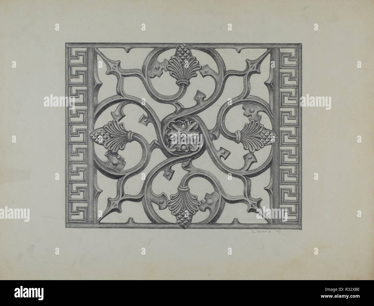 Cast Iron Window Grille. Dated 1937. Dimensions overall 38.5 x 51 cm