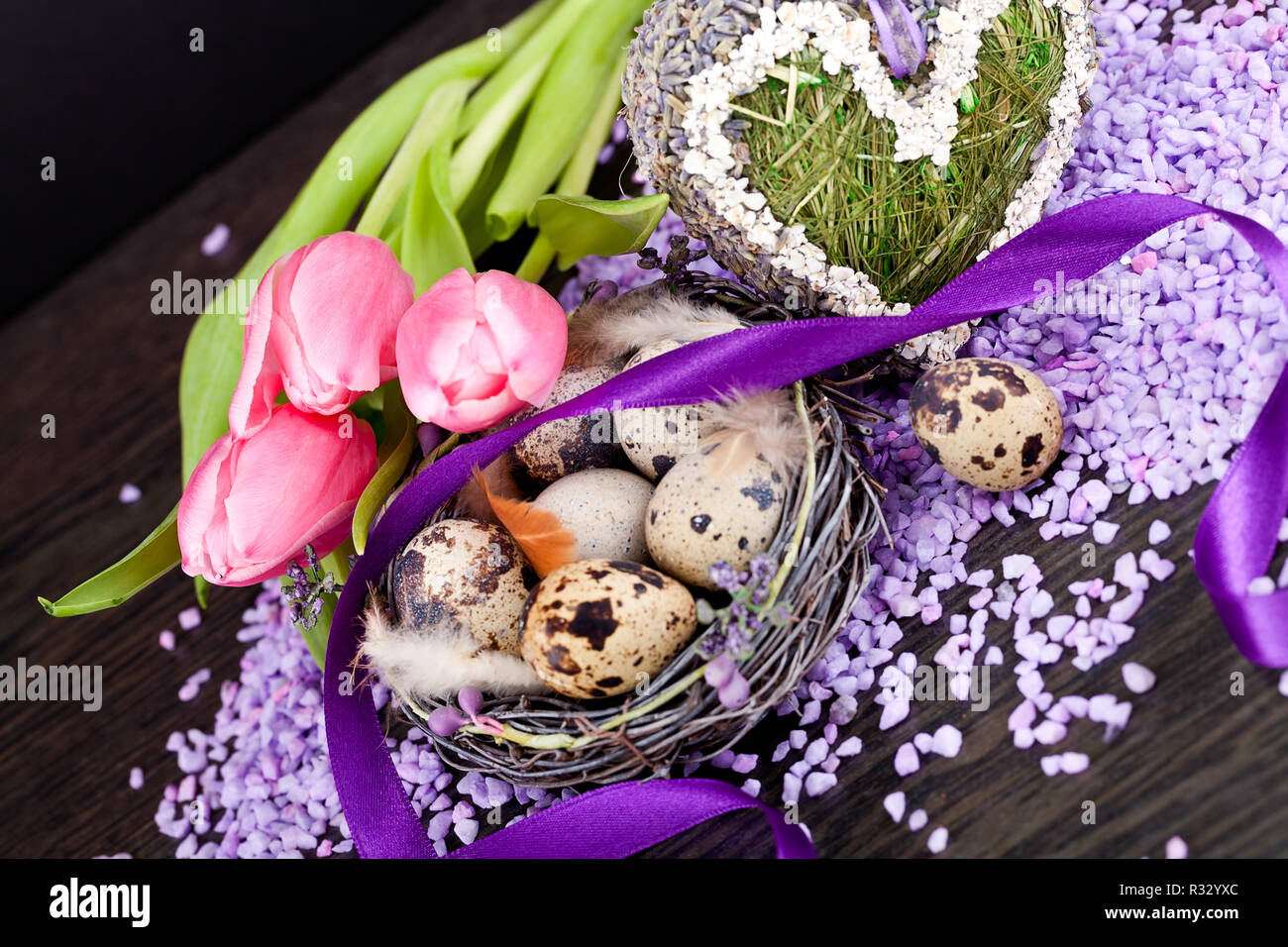 pink tulips with lavender and easter eggs Stock Photo - Alamy