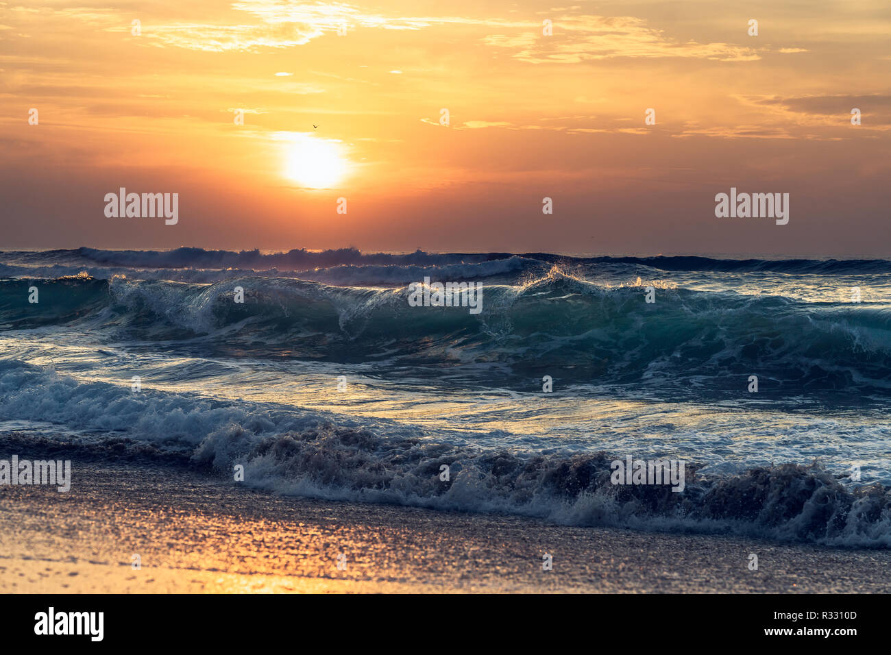 Beautiful sunset over the sea with big waves and cloudy sky, California coastline Stock Photo