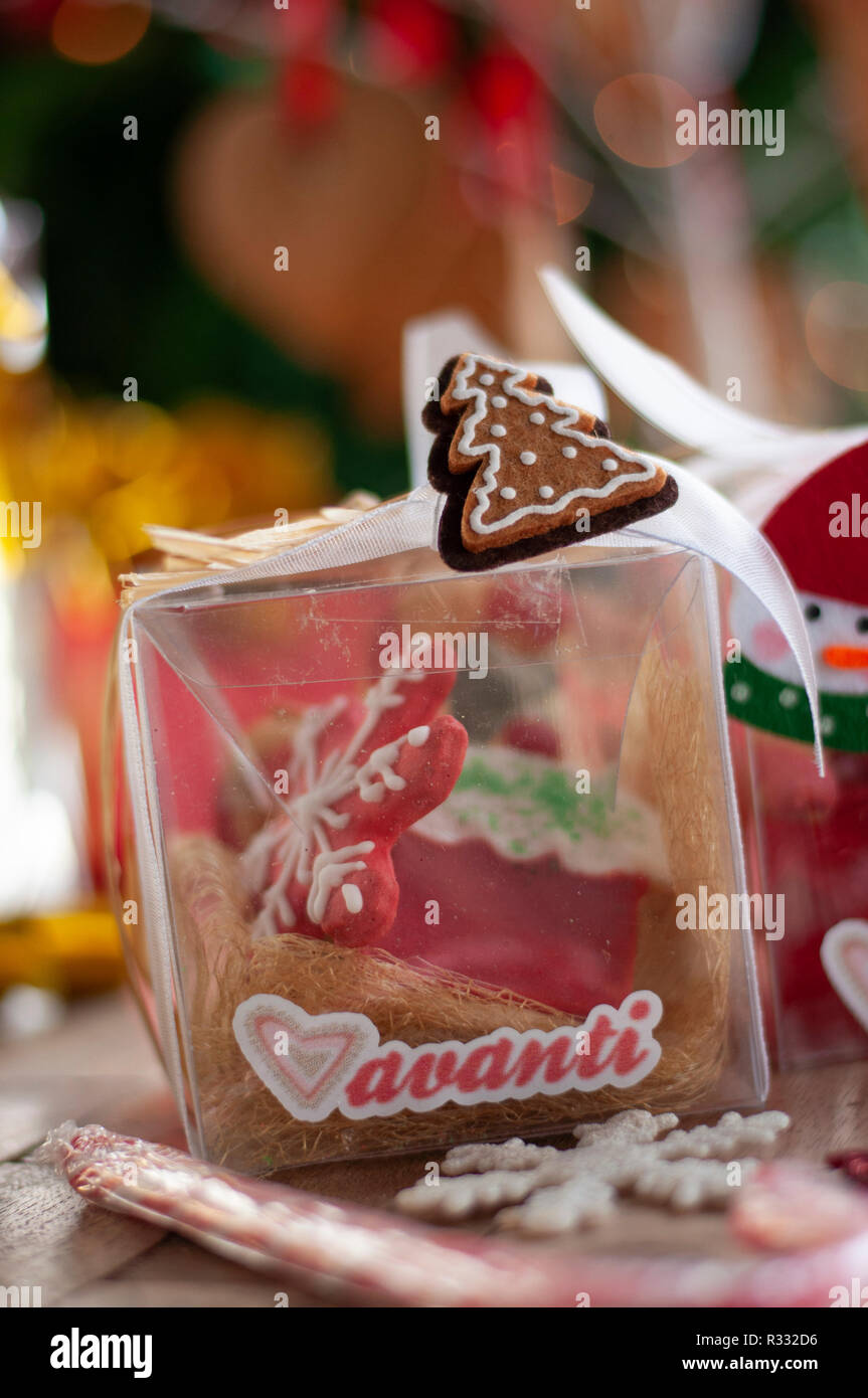 Christmas and New year gifts and baskets with sweets, alcohol