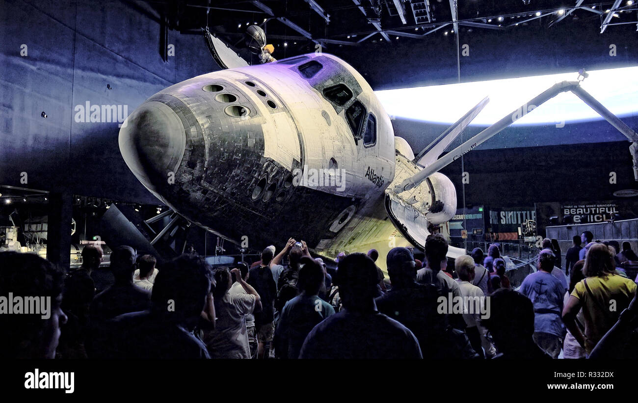 CAPE CANAVERAL, FLORIDA - JUNE 14th: A crowd of visitors view the space shuttle Atlantis at the Kennedy Space Center in Cape Canaveral, Florida on Jun Stock Photo