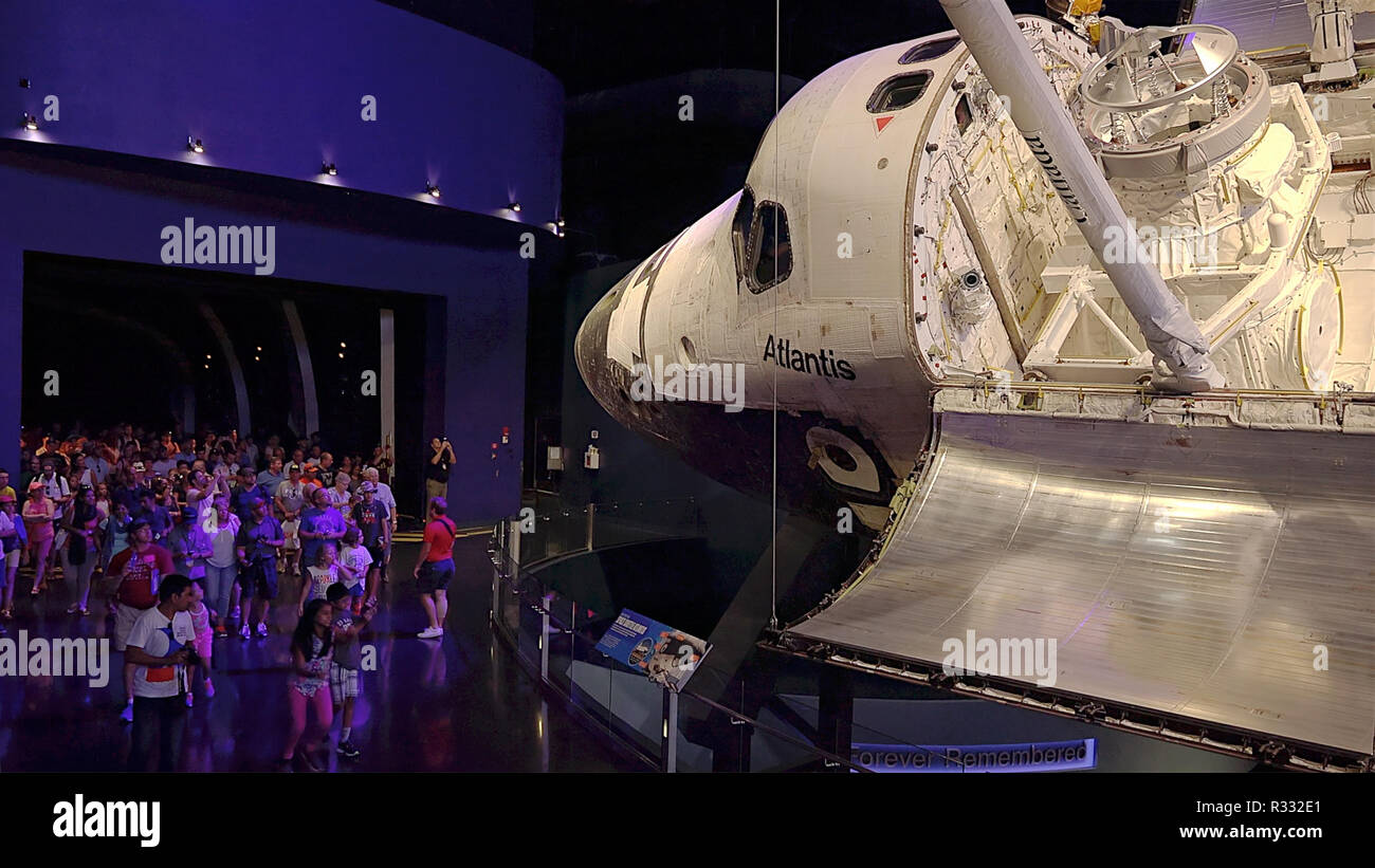 CAPE CANAVERAL, FLORIDA - JUNE 14th: A crowd of visitors view the space shuttle Atlantis at the Kennedy Space Center in Cape Canaveral, Florida on Jun Stock Photo