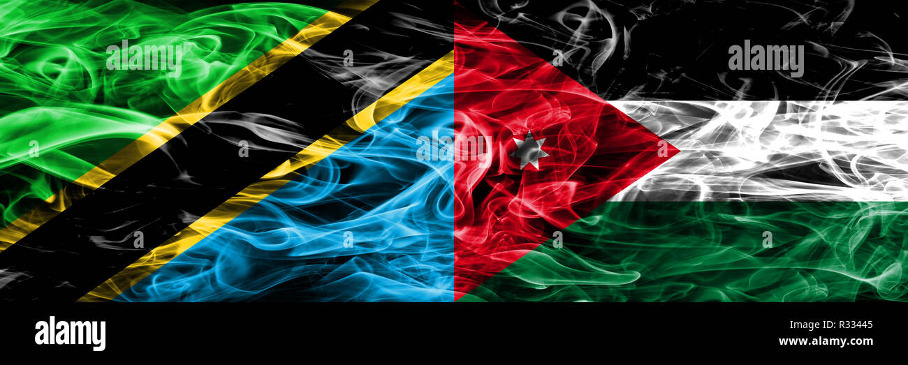 Tanzania vs Jordan, Jordanian smoke flags placed side by side. Thick colored silky smoke flags of Tanzanian and Jordan, Jordanian Stock Photo