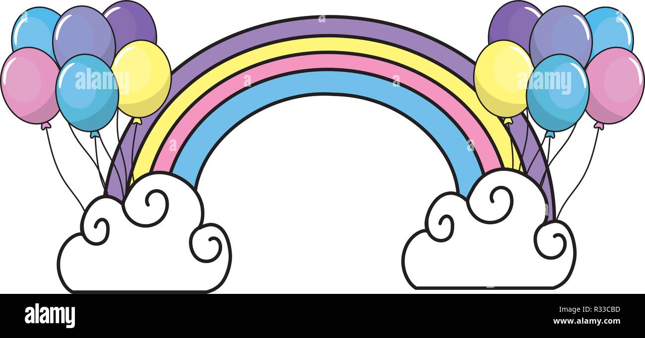 cute rainbow with cloud and balloons cartoon vector illustration ...