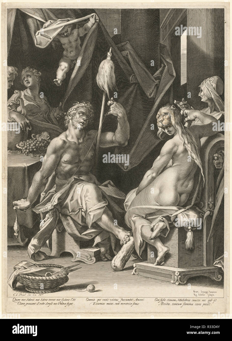 Hercules and Omphale. Dated: c. 1600. Dimensions: plate: 44.6 x 32 cm (17 9/16 x 12 5/8 in.)  sheet: 46.9 x 33.2 cm (18 7/16 x 13 1/16 in.). Medium: engraving on laid paper. Museum: National Gallery of Art, Washington DC. Author: Aegidius Sadeler II, after Bartholomaeus Spranger. After Bartholomeus Spranger. Aegidius Sadeler II. Stock Photo