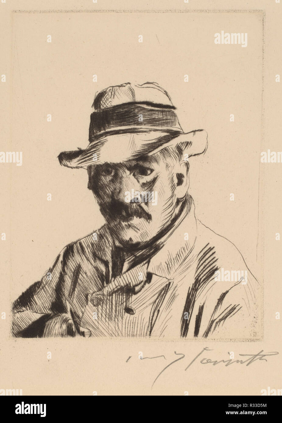 Self-Portrait in a Straw Hat, Bust Length. Dated: 1913. Dimensions: sheet: 42.5 x 34 cm (16 3/4 x 13 3/8 in.)  plate: 15 x 11.5 cm (5 7/8 x 4 1/2 in.). Medium: drypoint. Museum: National Gallery of Art, Washington DC. Author: Lovis Corinth. Stock Photo