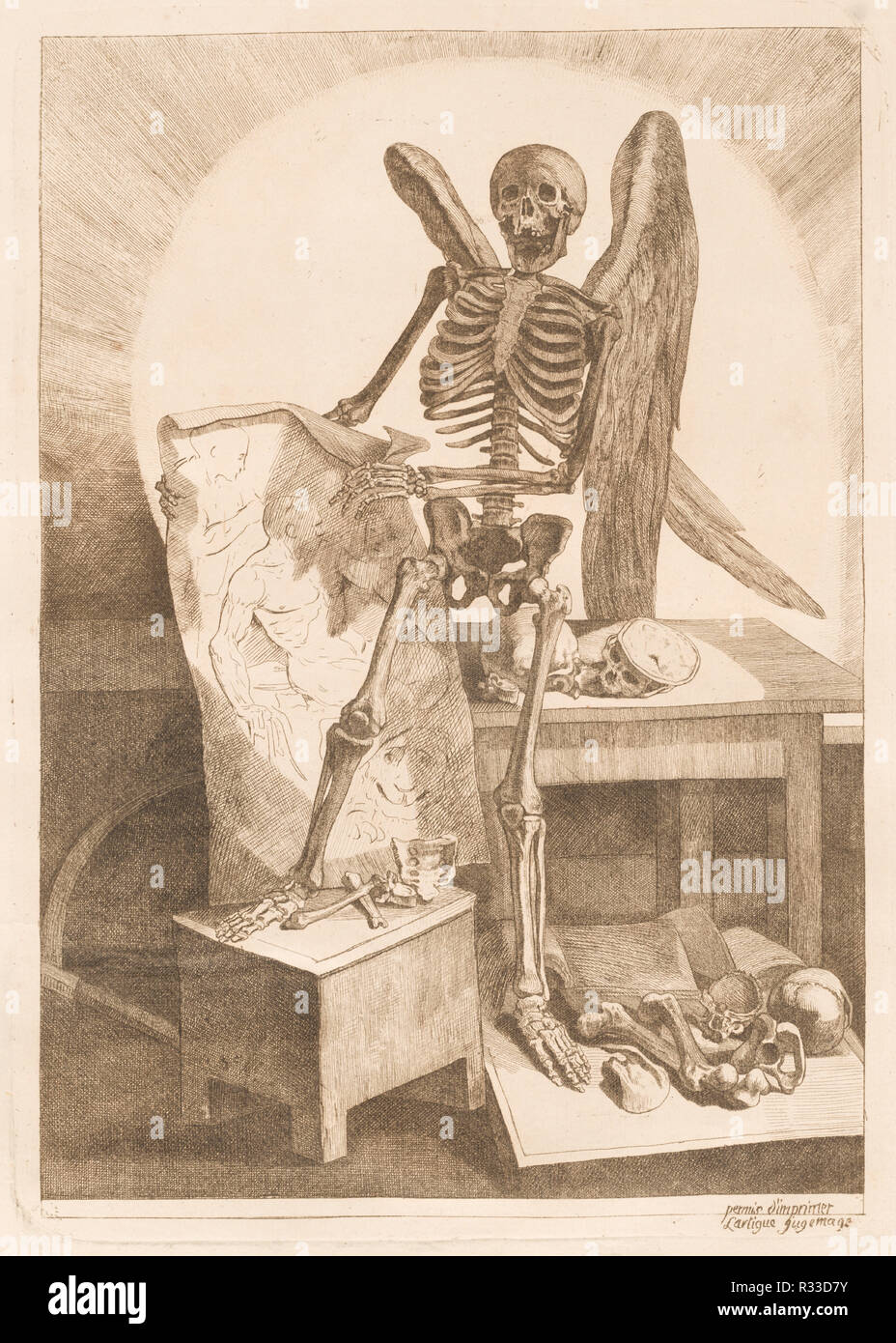 A Winged Skeleton Holding an Anatomical Drawing. Dated: 1779. Dimensions: plate: 35.2 × 25.1 cm (13 7/8 × 9 7/8 in.)  sheet: 52.7 × 39.9 cm (20 3/4 × 15 11/16 in.). Medium: etching and engraving on laid paper. Museum: National Gallery of Art, Washington DC. Author: Jacques Gamelin. Stock Photo