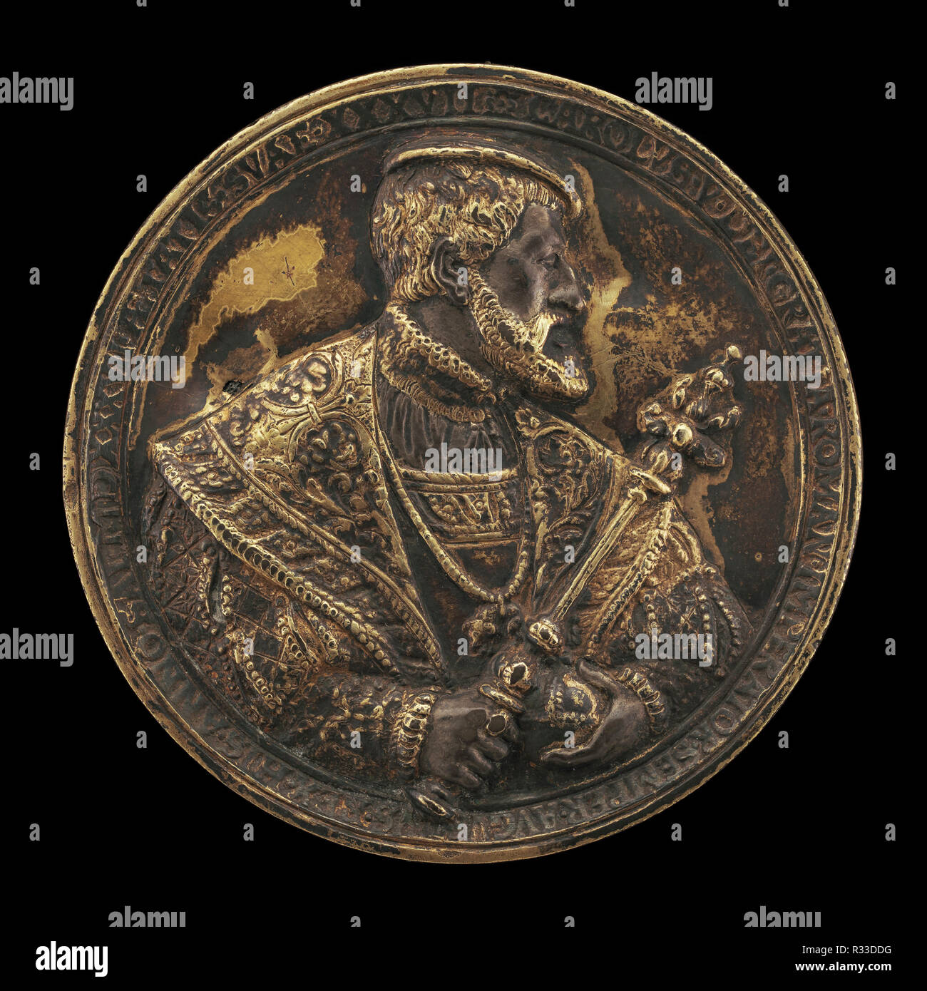 Charles V, 1500-1558, King of Spain 1516-1556, Holy Roman Emperor 1519 [obverse]. Dated: 1537. Dimensions: overall (diameter): 6.72 cm (2 5/8 in.)  gross weight: 72.56 gr (0.16 lb.)  axis: 12:00. Medium: bronze, partially gilded. Museum: National Gallery of Art, Washington DC. Author: Hans Reinhart the Elder. Stock Photo