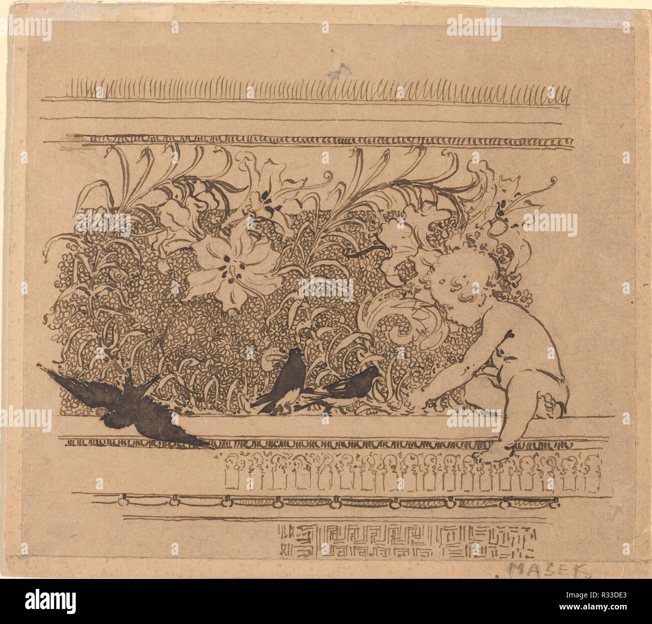 Ornamental Design with Birds and Lily. Dated: c.1900. Dimensions: image: 16.4 x 18.8 cm (6 7/16 x 7 3/8 in.). Medium: pen and brown ink. Museum: National Gallery of Art, Washington DC. Author: Karel Vitezslav Masek. Stock Photo