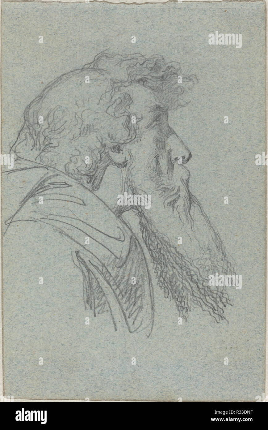 Bearded Man Looking Up / Cloaked Figure with Raised Arms. Dimensions: sheet: 15 x 9.9 cm (5 7/8 x 3 7/8 in.). Medium: graphite on blue wove paper. Museum: National Gallery of Art, Washington DC. Author: Alexandre Bida. Stock Photo