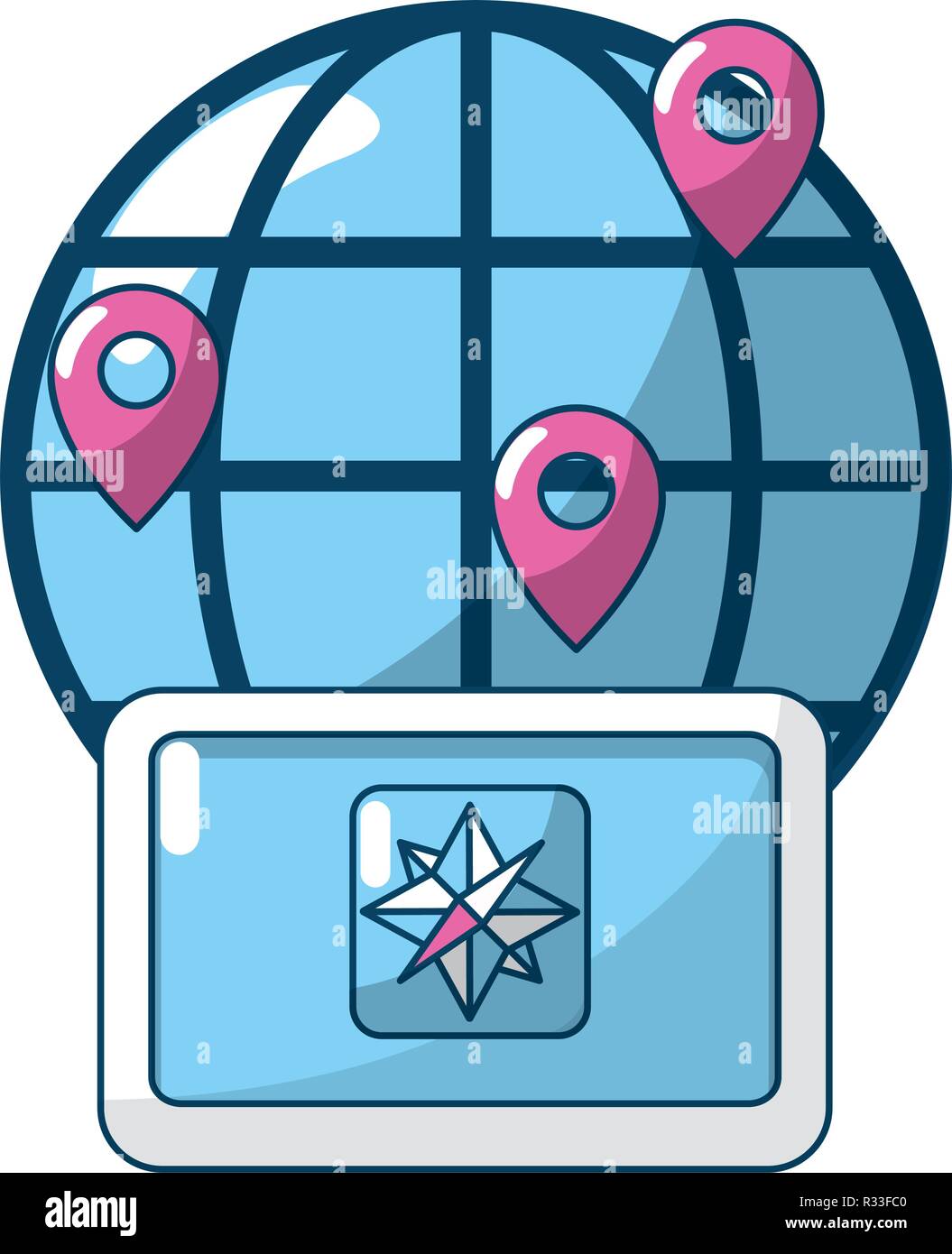 web earth globe icon with diferent gps location and tablet cartoon ...