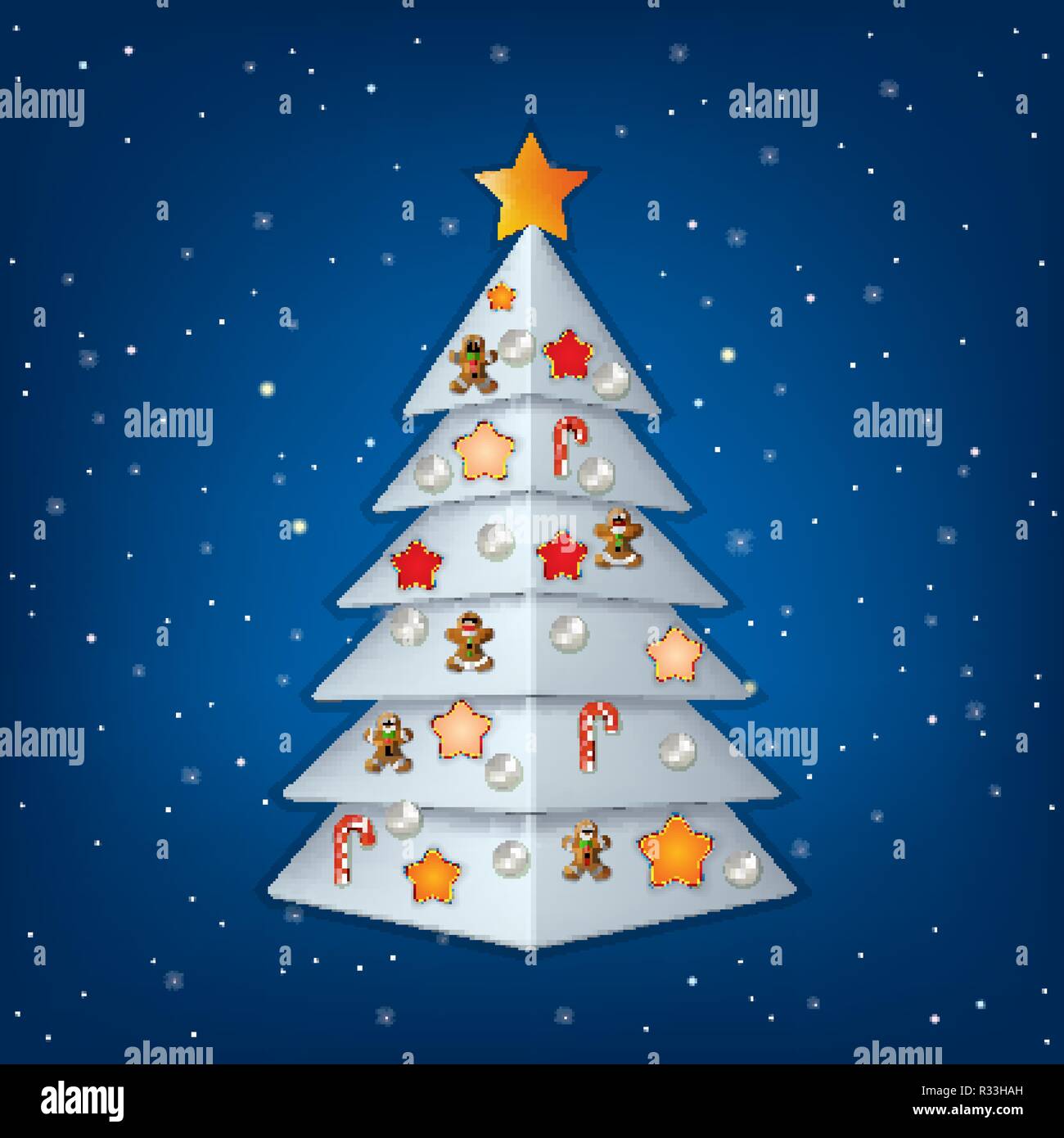 blue background with white Christmas tree and decorations Stock Vector ...