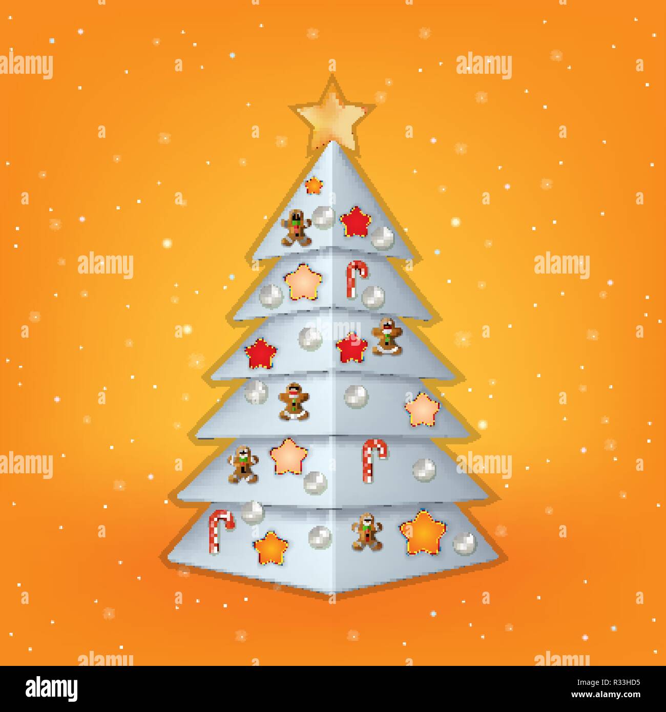 orange background with white Christmas tree and decorations Stock ...