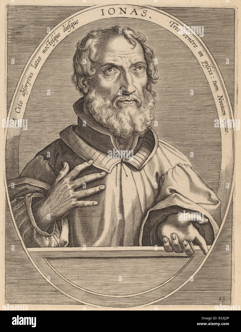 Ionas. Dated: published 1613. Dimensions: plate: 17.9 x 13.6 cm (7 1/16 x 5 3/8 in.)  sheet: 24.3 x 19 cm (9 9/16 x 7 1/2 in.). Medium: engraving on laid paper. Museum: National Gallery of Art, Washington DC. Author: Theodor Galle after Jan van der Straet. Stock Photo