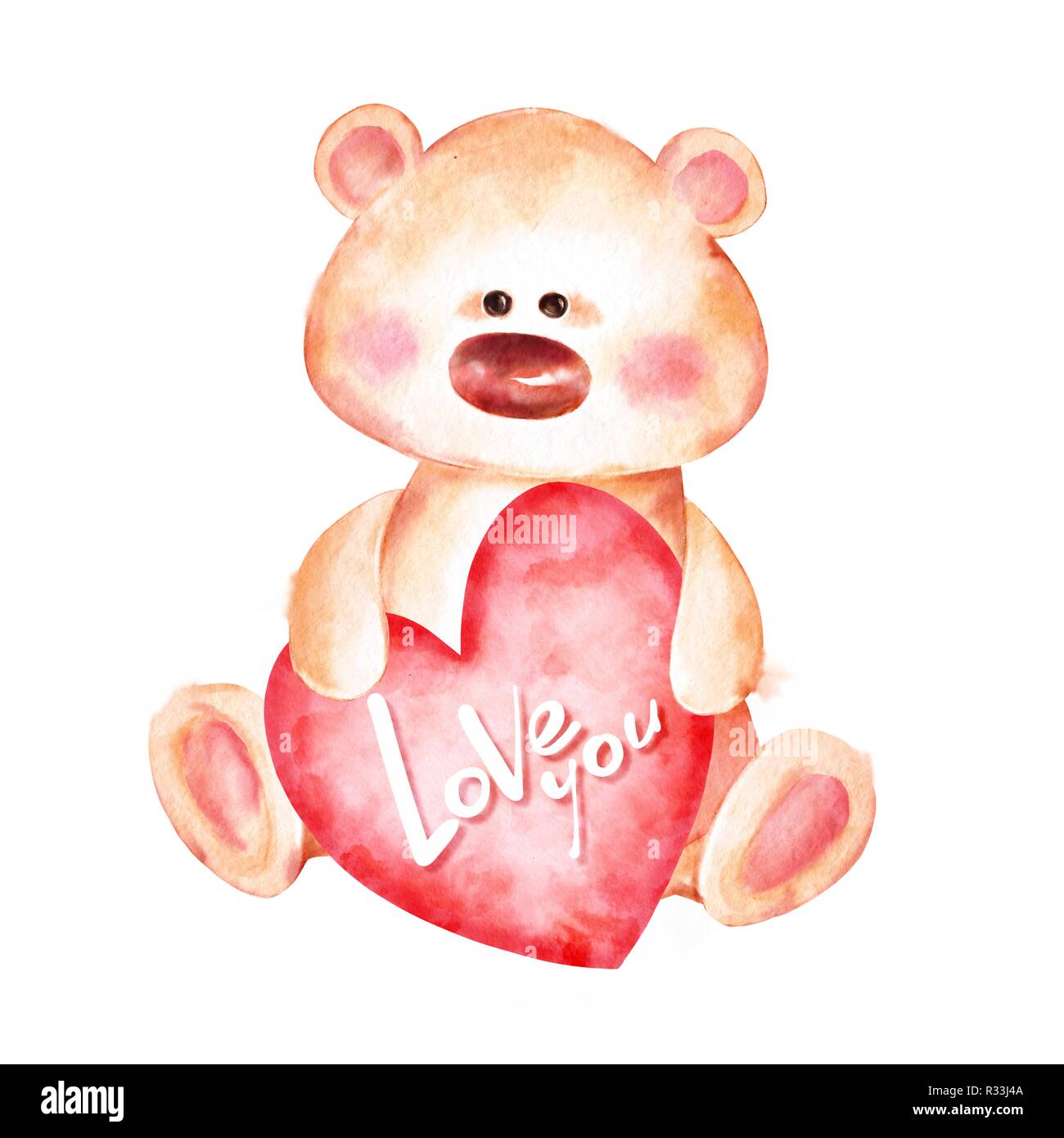 Cute teddy bear and red heart. Watercolor Stock Photo