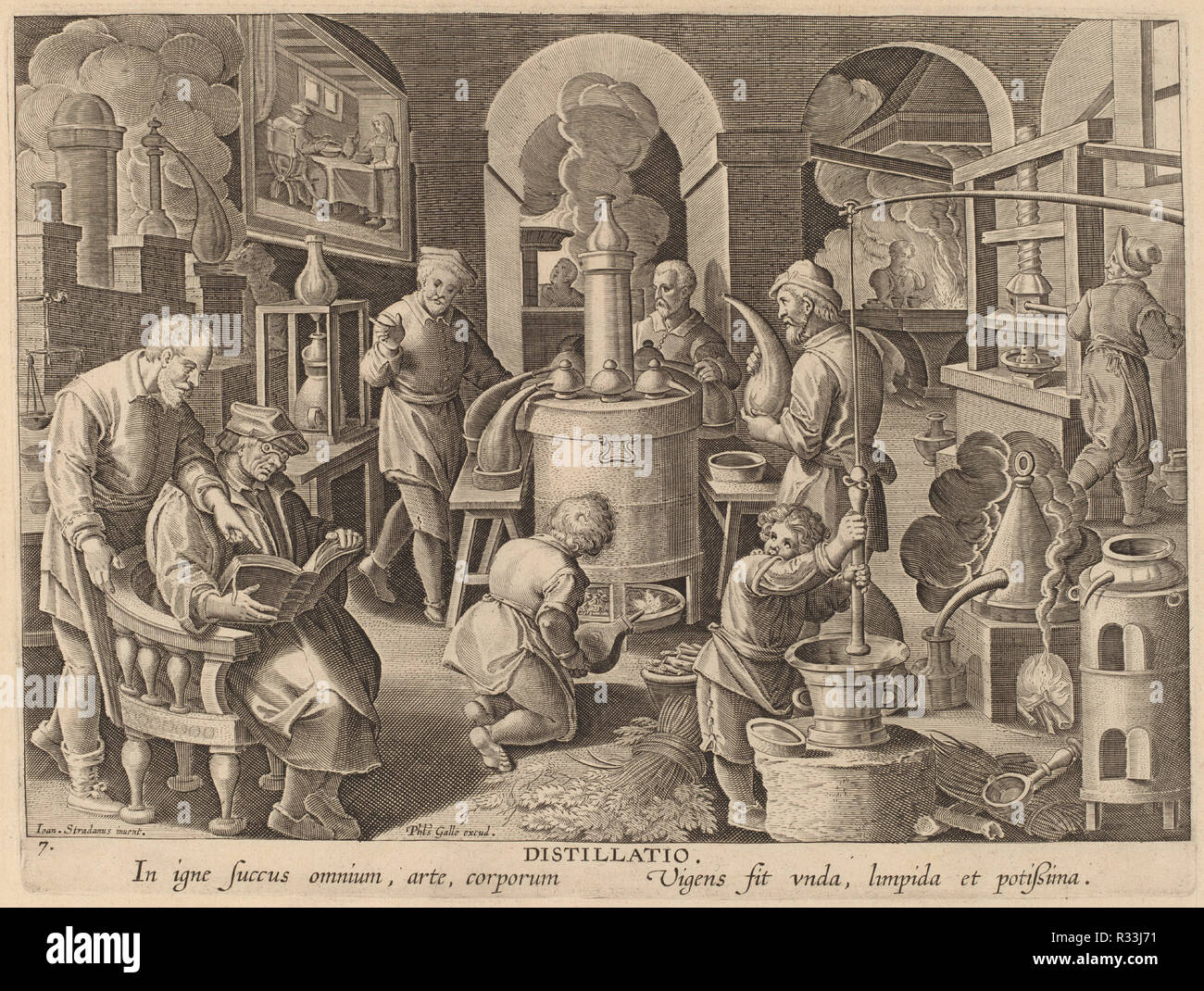Distillation: pl.7. Dated: c. 1580/1590. Medium: engraving. Museum: National Gallery of Art, Washington DC. Author: Theodor Galle after Jan van der Straet. Stradanus. Stradanus (Straet, van der), Johannes. Stock Photo