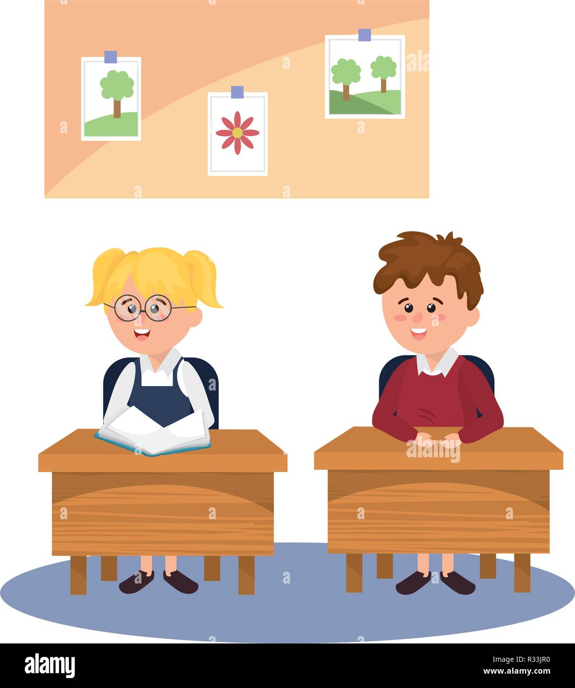 Elementary School Student Boy On Desk With Girl Cartoon Vector