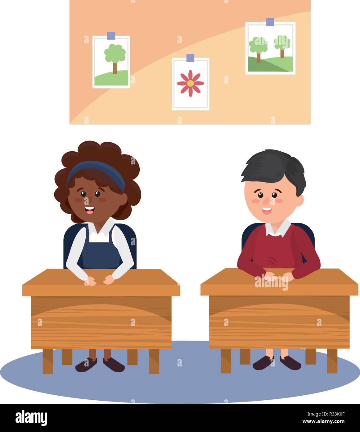 elementary school student boy on desk with girl cartoon vector illustration graphic design Stock Vector